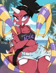 Size: 1200x1553 | Tagged: safe, artist:skwidbone, oc, oc only, ariados, fictional species, anthro, nintendo, pokémon, 2023, anthrofied, beach, belly button, bottomwear, breasts, clothes, crossed arms, detailed background, digital art, ears, eyelashes, fangs, female, hair, looking at you, scales, sharp teeth, shorts, solo, solo female, tail, tank top, teeth, thighs, topwear, wide hips