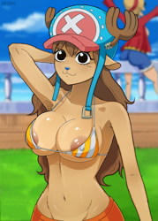Size: 1949x2726 | Tagged: suggestive, artist:ohdax, monkey d. luffy (one piece), tony tony chopper (one piece), cervid, deer, human, mammal, reindeer, anthro, one piece, 2020, alternate universe, areola, areola slip, belly button, bikini, bikini top, black nose, bottomwear, breasts, butt, cap, clothes, digital art, duo, duo female, ears, eyelashes, female, females only, fur, hair, hat, headwear, jacket, looking at you, micro bikini, nipple outline, open mouth, rear view, rule 63, shorts, sideboob, simple background, straw hat, swimsuit, tail, thighs, tongue, topwear, wide hips