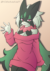 Size: 800x1140 | Tagged: safe, artist:yorusagi, fictional species, meowscarada, anthro, nintendo, pokémon, spoiler:pokémon gen 9, spoiler:pokémon scarlet and violet, 2023, bedroom eyes, bottomwear, breasts, clothes, digital art, ears, eyelashes, female, fur, hair, looking at you, mask, pants, pink nose, shirt, simple background, solo, solo female, starter pokémon, tail, thighs, topwear, waving at you, wide hips