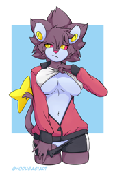 Size: 700x1040 | Tagged: suggestive, artist:yorusagi, fictional species, luxray, mammal, anthro, nintendo, pokémon, 2023, bedroom eyes, big breasts, bottomwear, breasts, clothes, colored sclera, digital art, ears, eyelashes, female, fur, hair, jacket, pants, pants pulled down, red nose, red sclera, shirt, shirt lift, shorts, simple background, solo, solo female, tail, thighs, topwear, undressing, wide hips
