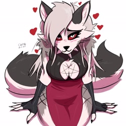 Size: 2048x2048 | Tagged: safe, artist:capaoculta, loona (vivzmind), canine, fictional species, hellhound, mammal, anthro, hazbin hotel, helluva boss, 2021, bedroom eyes, black nose, blushing, bottomwear, breasts, cleavage, cleavage window, clothes, colored sclera, digital art, dress, ears, eyelashes, female, fur, gray body, gray fur, gray hair, hair, heart, looking at you, red sclera, side slit, signature, simple background, sitting, solo, solo female, tail, thighs, total sideslit, wide hips