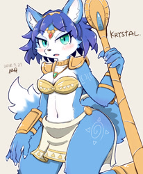 Size: 700x850 | Tagged: safe, artist:moriguru, krystal (star fox), canine, fox, mammal, anthro, nintendo, star fox, 2018, accessories, bikini, bikini top, black nose, breasts, clothes, digital art, ears, eyelashes, female, fur, hair, jewelry, krystal's staff, loincloth, looking at you, open mouth, shoulder pads, simple background, solo, solo female, swimsuit, thighs, tongue, tribal markings, vixen, wide hips