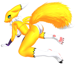 Size: 1280x1080 | Tagged: suggestive, artist:tetramundo, fictional species, renamon, anthro, digitigrade anthro, digimon, 2023, 3d, all fours, bikini, black nose, black sclera, breasts, butt, clothes, colored sclera, digital art, ears, eyelashes, female, fluff, fur, looking at you, micro bikini, neck fluff, pose, rear view, sideboob, simple background, solo, solo female, swimsuit, tail, thighs, transparent background, wide hips