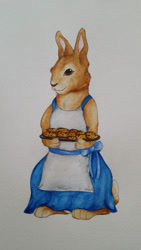 Size: 828x1471 | Tagged: safe, artist:tayarinne, lagomorph, mammal, rabbit, semi-anthro, 2015, 2d, apron, bottomwear, clothes, cookie, cottagecore, dress, food, holding, holding object, looking at you, smiling, smiling at you, standing, traditional art, tray