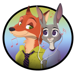 Size: 922x867 | Tagged: safe, artist:tayarinne, judy hopps (zootopia), nick wilde (zootopia), canine, fox, lagomorph, mammal, rabbit, red fox, anthro, disney, zootopia, 2016, 2d, bust, duo, duo male and female, female, headphones, headwear, looking at each other, male, male/female, musical note, shipping, simple background, smiling, transparent background, wildehopps (zootopia)