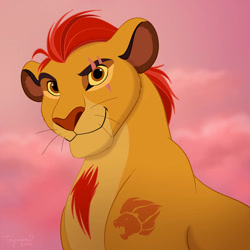 Size: 894x894 | Tagged: safe, artist:tayarinne, kion (the lion guard), big cat, feline, lion, mammal, feral, disney, the lion guard, the lion king, 2019, 2d, bust, eye scar, front view, looking at you, male, older, scar, smiling, smiling at you, solo, solo male, teenager, three-quarter view