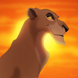 Size: 894x894 | Tagged: safe, artist:tayarinne, zira (the lion king), big cat, feline, lion, mammal, feral, disney, the lion king, 2d, bust, female, lioness, side view, signature, smiling, solo, solo female