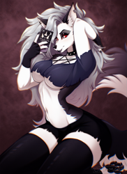 Size: 931x1280 | Tagged: safe, artist:onomari, part of a set, loona (vivzmind), canine, fictional species, hellhound, mammal, anthro, digitigrade anthro, hazbin hotel, helluva boss, 2023, armpits, arms behind head, belly button, bottomwear, breasts, cell phone, clothes, collar, colored sclera, crop top, digital art, ears, eyelashes, female, fingerless gloves, fur, gloves, hair, legwear, phone, pose, red sclera, shorts, smartphone, solo, solo female, spiked collar, stockings, tail, tank top, thighs, topwear, wide hips