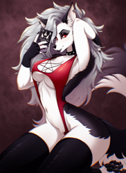 Size: 931x1280 | Tagged: safe, alternate version, artist:onomari, part of a set, loona (vivzmind), canine, fictional species, hellhound, mammal, anthro, digitigrade anthro, hazbin hotel, helluva boss, 2023, armpits, arms behind head, belly button, bikini, breasts, cell phone, clothes, collar, colored sclera, digital art, ears, eyelashes, female, fingerless gloves, fur, gloves, hair, legwear, phone, pose, red sclera, sling bikini, smartphone, solo, solo female, spiked collar, stockings, swimsuit, tail, thighs, wide hips
