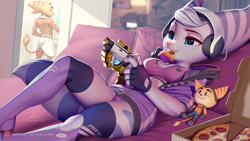 Size: 1190x670 | Tagged: safe, artist:pakwan008, ratchet (r&c), rivet (r&c), fictional species, lombax, mammal, anthro, ratchet & clank, 2023, blue eyes, breasts, clothes, couch, duo, ear piercing, earring, female, fingerless gloves, food, game controller, gloves, headphones, headwear, indoors, jacket, legwear, lying down, male, on back, panties, piercing, pizza, pizza box, plushie, topwear, towel, toy, underwear