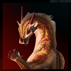 Size: 1920x1920 | Tagged: safe, artist:shido-tara, dragon, fictional species, reptile, sandwing, wings of fire (book series), black eyes, border, dragoness, ear piercing, ears, fanart, female, nose piercing, piercing, scales, scar, simple background, tongue, tongue out, torn ear, yellow body