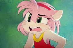 Size: 1200x800 | Tagged: safe, artist:toonfawn, amy rose (sonic), hedgehog, mammal, anthro, sega, sonic the hedgehog (series), sullivan bluth studios, 2019, 2d, bottomwear, clothes, dress, female, front view, fur, green eyes, headband, headwear, open mouth, pink body, pink fur, signature, solo, solo female, style emulation, three-quarter view