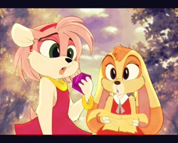 Size: 1200x967 | Tagged: safe, artist:toonfawn, amy rose (sonic), cream the rabbit (sonic), hedgehog, lagomorph, mammal, rabbit, anthro, sega, sonic the hedgehog (series), sullivan bluth studios, 2019, 2d, bottomwear, brown eyes, clothes, dress, duo, duo female, female, females only, fur, gem, green eyes, headband, headwear, holding, holding object, letterboxing, map, multicolored body, multicolored fur, open mouth, pink body, pink fur, signature, sress, style emulation, two toned body, two toned fur