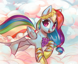Size: 3202x2644 | Tagged: safe, artist:mirroredsea, rainbow dash (mlp), equine, fictional species, mammal, pegasus, pony, feral, friendship is magic, hasbro, my little pony, 2019, 2d, blue body, blue fur, bottomwear, clothes, cloud, dress, feathered wings, feathers, female, fur, hair, high res, looking at you, mane, mare, on a cloud, pink eyes, rainbow hair, rainbow mane, smiling, smiling at you, solo, solo female, wings