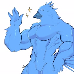 Size: 2048x2048 | Tagged: safe, artist:lmmellolol, tweetfur, bird, anthro, twitter, 2023, bara, barazoku, beak, blue body, featureless crotch, looking at you, male, muscles, muscular arms, muscular male, nippleless, nudity, pecs, simple background, solo, solo male