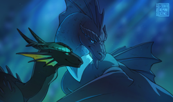 Size: 2491x1479 | Tagged: safe, artist:zhurzh, oc, oc only, dragon, fictional species, reptile, wyvern, feral, aquatic dragon, blue eyes, bubble, digital art, duo, fins, gradient background, green eyes, high res, line art, logo, looking back, male, ocean, scales, smiling, spread wings, sunbeam, sunlight, swimming, underwater, water, wings