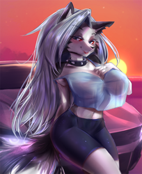 Size: 646x793 | Tagged: suggestive, artist:kiwanoni, loona (vivzmind), canine, fictional species, hellhound, mammal, anthro, hazbin hotel, helluva boss, 2023, bedroom eyes, belly button, big breasts, bottomwear, breasts, car, clothes, colored sclera, crop top, digital art, ears, eyelashes, female, fur, hair, pose, red sclera, shorts, sitting, solo, solo female, tail, tank top, thighs, topwear, vehicle, wide hips