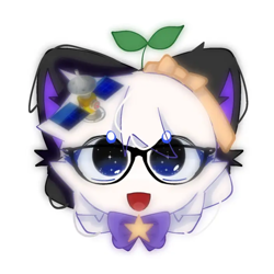 Size: 1280x1280 | Tagged: safe, artist:be_yourself, oc, oc only, cat, feline, mammal, bow, bow tie, cute, emoji cat, female, fur, glasses, head only, leaf, leaf on head, looking at you, open mouth, open smile, plant, smiling, solo, solo female