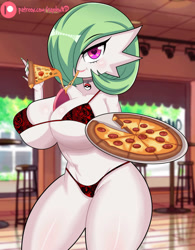 Size: 1280x1642 | Tagged: suggestive, artist:raydonxd, fictional species, gardevoir, anthro, nintendo, pokémon, 2023, bikini, breasts, clothes, detailed background, digital art, ears, eating, eyelashes, female, food, hair, hair over one eye, heart, heart eyes, huge breasts, looking at you, micro bikini, nipple outline, pizza, red bikini, red swimsuit, solo, solo female, swimsuit, thighs, wide hips, wingding eyes