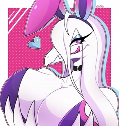 Size: 1933x2048 | Tagged: suggestive, artist:r_uwu_dy, fictional species, salazzle, shiny pokémon, anthro, nintendo, pokémon, 2023, breasts, bunny ears, bunny suit, bust portrait, clothes, digital art, ears, eyelashes, female, hair, huge breasts, leotard, licking, licking lips, looking at you, scales, solo, solo female, tongue, tongue out