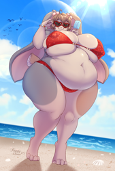 Size: 1056x1558 | Tagged: suggestive, artist:tiggybloom, lagomorph, mammal, rabbit, anthro, beach, bikini, breasts, cameltoe, clothes, ears, fat, female, glasses, heart glasses, huge belly, huge breasts, long ears, nipple outline, solo, solo female, sunglasses, swimsuit, thick thighs, thighs, wide hips