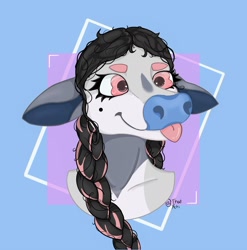 Size: 1804x1829 | Tagged: safe, artist:thatyeti, oc, oc only, bovid, cattle, cow, mammal, anthro, digitigrade anthro, abstract background, beauty mark, black hair, blep, braid, braids, colored pupils, cute, eyelashes, female, floppy ears, fur, gray body, gray fur, hair, happy, headshot, long hair, multicolored fur, multicolored hair, pigtails, pink eyes, pink hair, simple background, smiling, solo, solo female, tongue, tongue out, white body, white fur
