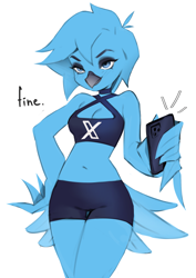 Size: 1240x1748 | Tagged: safe, artist:shermugi, tweetfur, bird, anthro, twitter, x.com, bottomwear, breasts, cell phone, choker, cleavage, clothes, crop top, dialogue, eyeshadow, feathered wings, feathers, female, hand on hip, lidded eyes, makeup, midriff, phone, short shorts, shorts, simple background, smartphone, solo, solo female, tail, tail feathers, talking, topwear, winged arms, wings, workout clothes