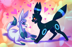 Size: 1024x677 | Tagged: safe, artist:flufflix, eeveelution, fictional species, glaceon, mammal, umbreon, feral, nintendo, pokémon, 2017, 2d, ambiguous gender, ambiguous only, ambiguous/ambiguous, blushing, cute, duo, duo ambiguous, heart, looking at each other, open mouth, open smile, sitting, smiling, standing