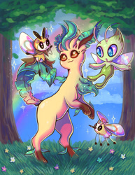 Size: 828x1075 | Tagged: safe, artist:flufflix, celebi, cutiefly, eeveelution, fictional species, leafeon, legendary pokémon, mammal, mythical pokémon, ribombee, feral, nintendo, pokémon, 2017, 2d, ambiguous gender, ambiguous only, bipedal, cloud, flower, forest, grass, group, plant, rainbow, smiling, standing, tree