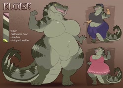 Size: 4096x2935 | Tagged: safe, artist:thatfat_cat, crocodile, crocodilian, reptile, anthro, bottomwear, breasts, clothes, dress, featureless breasts, featureless crotch, female, huge breasts, pants, reference sheet, solo, solo female, tail, thick thighs, thighs, topwear, wide hips