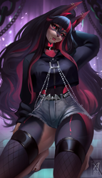 Size: 1453x2535 | Tagged: safe, artist:art-abaddon, oc, oc only, canine, fictional species, hellhound, mammal, anthro, digitigrade anthro, 2023, black sclera, bottomwear, breasts, clothes, colored sclera, commission, detailed background, digital art, ears, eyelashes, female, fishnet, fishnet stockings, fur, hair, horns, legwear, looking at you, pose, see-through, shorts, solo, solo female, stockings, tail, tank top, thighs, topwear, wide hips, ych result