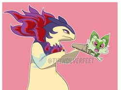 Size: 3231x2400 | Tagged: safe, artist:thyhsilverfeet, fictional species, hisuian typhlosion, sprigatito, typhlosion, feral, nintendo, pokémon, spoiler:pokémon gen 9, spoiler:pokémon scarlet and violet, 2022, ambiguous gender, ambiguous only, bedroom eyes, digital art, drugs, duo, duo ambiguous, ears, fur, open mouth, starter pokémon, tail, tongue, weed