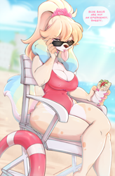Size: 1555x2370 | Tagged: suggestive, artist:rainbowscreen, canine, dog, mammal, anthro, big breasts, breasts, cleavage, clothes, female, glasses, lifeguard, lifeguard chair, nipple outline, one-piece swimsuit, sitting, solo, solo female, speech bubble, sunglasses, swimsuit, thick thighs, thighs, wide hips