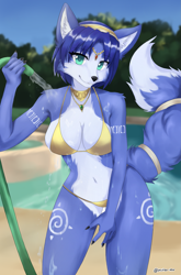 Size: 1277x1931 | Tagged: safe, artist:mitsu-inu, artist:mitsuinu20, krystal (star fox), canine, fox, mammal, anthro, nintendo, star fox, 2023, absolute cleavage, almost nude, beach, big breasts, bikini, black nose, blue body, blue fur, blue hair, breasts, cleavage, clothes, digital art, ears, female, fur, gold bikini, green eyes, hair, hose, jewelry, looking at you, necklace, outdoors, pool, smiling, solo, solo female, swimsuit, tail, tail jewelry, tail ring, wide hips