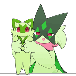 Size: 960x960 | Tagged: safe, artist:tontaro, fictional species, meowscarada, sprigatito, anthro, feral, nintendo, pokémon, spoiler:pokémon gen 9, spoiler:pokémon scarlet and violet, 2023, 2d, 2d animation, ambiguous gender, ambiguous only, animated, bedroom eyes, behaving like a cat, digital art, duo, duo ambiguous, ears, eyelashes, fur, gif, long cat, looking at you, mask, open mouth, paws, signature, starter pokémon, tail, thighs