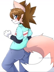 Size: 1079x1438 | Tagged: safe, artist:nightmare-ish, canine, fox, mammal, anthro, nintendo, pokémon, blue eyes, female, simple background, solo, solo female, tail, tail growth, transformation, watermark, white background