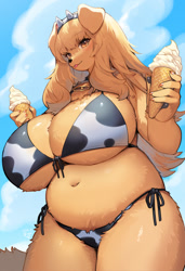 Size: 1440x2100 | Tagged: suggestive, artist:kishibe_, canine, dog, mammal, anthro, adorasexy, big breasts, bikini, breasts, choker, clothes, cow print, cowbell, cute, fake horns, female, food, huge breasts, ice cream, ice cream cone, kemono, outdoors, sexy, side-tie bikini, slightly chubby, solo, solo female, swimsuit, thick thighs, thighs, wide hips