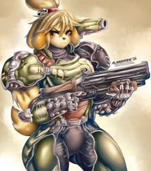 Size: 1807x2048 | Tagged: safe, artist:alamander_arts, doom slayer (doom), isabelle (animal crossing), canine, mammal, anthro, animal crossing, doom (game), nintendo, armor, cosplay, crossover, female, frowning, gun, muscles, muscular female, scowl, shotgun, solo, solo female, trigger discipline, weapon