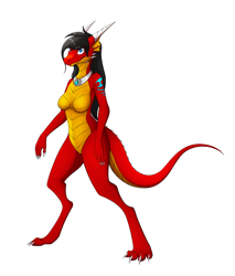 Size: 1700x2000 | Tagged: suggestive, artist:tomek1000, oc, oc:tiana, dragon, fictional species, reptile, anthro, breasts, featureless breasts, featureless crotch, female, horns, jewelry, necklace, nudity, red body, scales, simple background, solo, solo female, white background