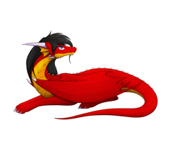 Size: 2500x2000 | Tagged: safe, artist:tomek1000, oc, oc:tiana, dragon, fictional species, reptile, western dragon, feral, horns, lying down, prone, red body, scales, simple background, solo, webbed wings, white background, wings