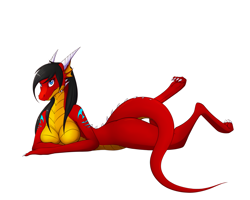 Size: 2500x2000 | Tagged: suggestive, artist:tomek1000, oc, oc:tiana, dragon, fictional species, anthro, 2018, black hair, breasts, claws, digital art, female, hair, horns, looking at you, lying down, multicolored body, nudity, red body, side view, simple background, solo, solo female, two toned body, white background, yellow body