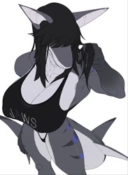 Size: 936x1280 | Tagged: suggestive, artist:gaku, oc, oc only, fish, shark, anthro, 2023, belly button, breasts, clothes, commission, crop top, digital art, ears, eyelashes, female, fins, fish tail, hair, hair over eyes, huge breasts, panties, scales, shark tail, sharp teeth, simple background, solo, solo female, tail, tank top, teeth, thighs, topwear, underwear, wide hips