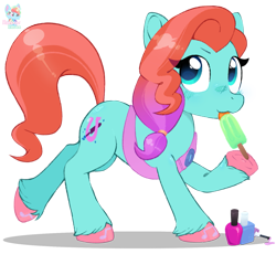 Size: 1445x1328 | Tagged: safe, artist:rainbow eevee, jazz (mlp g5), earth pony, equine, fictional species, mammal, pony, feral, hasbro, my little pony, my little pony g5, spoiler:my little pony g5, cute, digital art, eyebrows, fanart, female, food, holding, hoof hold, hoof polish, hooves, mare, nail polish, popsicle, simple background, solo, solo female, teal eyes, transparent background, vector