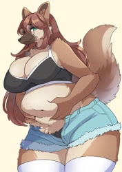Size: 1451x2048 | Tagged: safe, artist:zakro_zkzk25, canine, mammal, wolf, anthro, big belly, bottomwear, breasts, cleavage, clothes, female, huge breasts, shorts, slightly chubby, solo, solo female, tail, thick thighs, thighs, topwear, wide hips