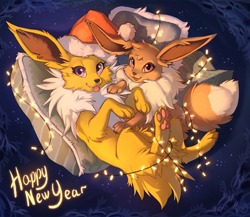 Size: 1280x1113 | Tagged: safe, artist:hioshiru, eevee, eeveelution, fictional species, jolteon, mammal, feral, nintendo, pokémon, ambiguous gender, brown body, brown fur, christmas, clothes, duo, ears, fur, hat, headwear, holiday, lights, looking at you, new year, paw pads, paws, pillow, santa hat, tail, text, tongue, tongue out, white body, white fur, yellow body, yellow fur
