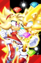 Size: 792x1224 | Tagged: safe, artist:adam bryce thomas, amy rose (sonic), sonic the hedgehog (sonic), hedgehog, mammal, sega, sonic the hedgehog (series), chaos emerald, duo, female, glowing, looking at each other, male, super amy rose, super sonic