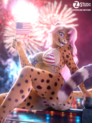 Size: 1500x2000 | Tagged: suggestive, artist:zorryn, oc, oc only, oc:alexandra (velocitycat), cheetah, feline, mammal, anthro, 2023, 3d, 4th of july, american flag, american flag bikini, areola, bedroom eyes, belly button, big breasts, bikini, black nose, blender, breasts, butt, cameltoe, clothes, commission, digital art, ears, eyelashes, female, flag, fur, holiday, looking at you, nipple outline, one eye closed, open mouth, pose, sharp teeth, solo, solo female, swimsuit, teeth, thighs, tongue, underass, united states of america, wide hips