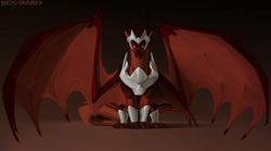 Size: 2570x1433 | Tagged: safe, artist:shido-tara, oc, dragon, fictional species, reptile, skywing, feral, wings of fire (book series), armor, commission, looking at you, male, red body, scales, simple background, sitting, solo, solo male, spread wings, wings, yellow eyes