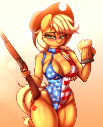 Size: 3100x3800 | Tagged: suggestive, artist:heavymetalbronyyeah, applejack (mlp), earth pony, equine, fictional species, mammal, pony, anthro, friendship is magic, hasbro, my little pony, 4th of july, absolute cleavage, alcohol, anthrofied, beer, big breasts, blonde hair, blushing, breasts, cameltoe, cleavage, clothes, cutie mark, drink, female, freckles, green eyes, gun, hair, hat, headwear, holding, holding object, holding weapon, holiday, long hair, long tail, looking at you, mug, nipple outline, one-piece swimsuit, orange body, simple background, solo, solo female, standing, swimsuit, tail, thighs, united states of america, weapon
