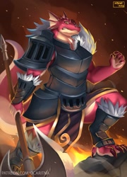 Size: 762x1061 | Tagged: safe, alternate version, artist:ocaritna, dragon, fictional species, anthro, armor, axe, female, fire, solo, solo female, tail, thick thighs, thighs, weapon